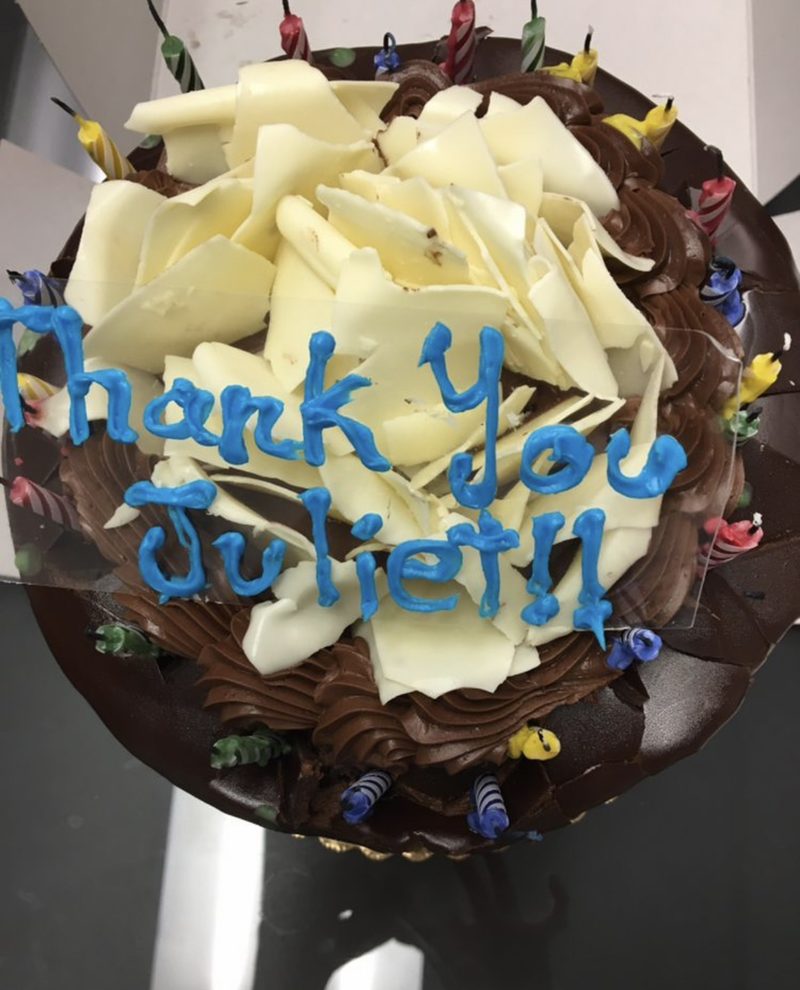 Farewell cake from a student reading Thank You Juliet